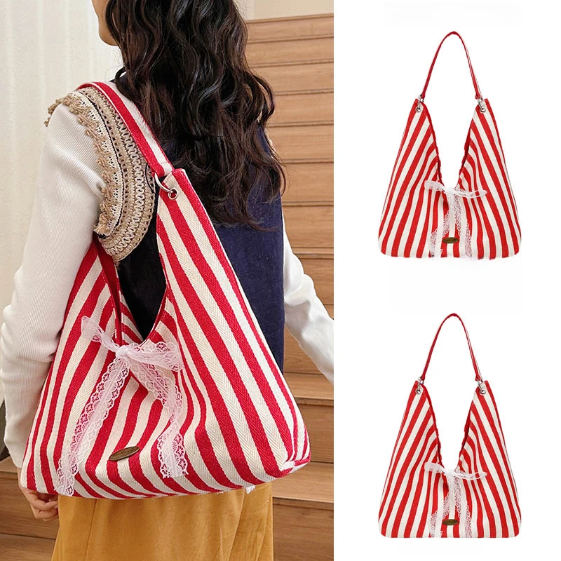 夏天大容量高级感通勤托特包包女2025新款安可拉红条纹帆布双面包