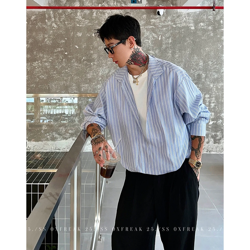 秋季新款蓝白条纹假两件衬衫长袖宽松简约百搭翻领情侣衬衫上衣