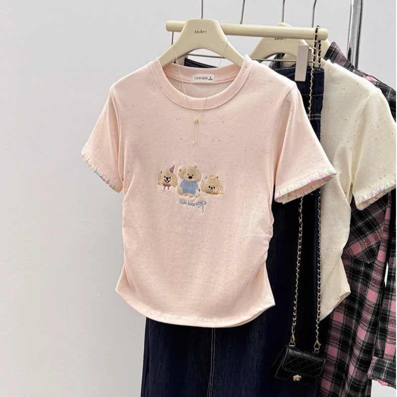 甜辣可爱小狗长袖上衣女春秋季正肩修身显瘦短款女生打底衫t恤女