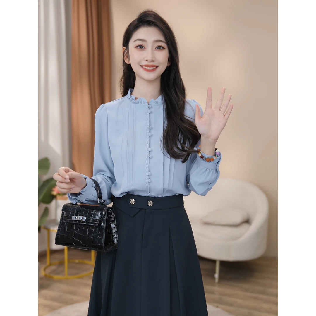 【曼贝】高贵气质法式长袖衬衫洋气木耳边通勤衬衣8591086【甜甜】