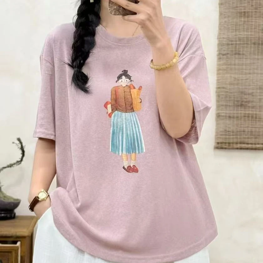 2025新款爆版小清新T恤时尚半袖宽松印花圆领大版卡通韩版夏季
