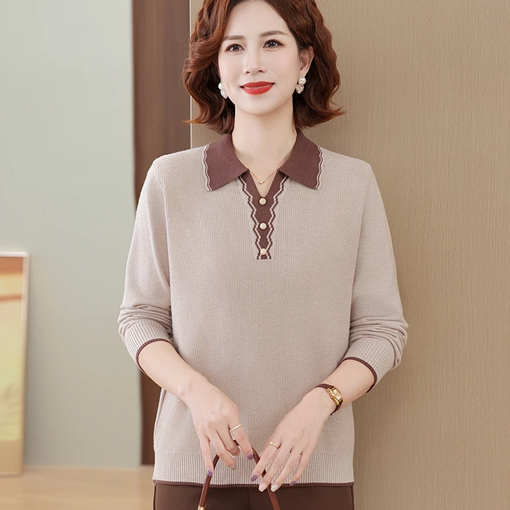 妈妈装秋装2025新款翻领毛衣洋气上衣中老年女秋冬针织内搭打底衫