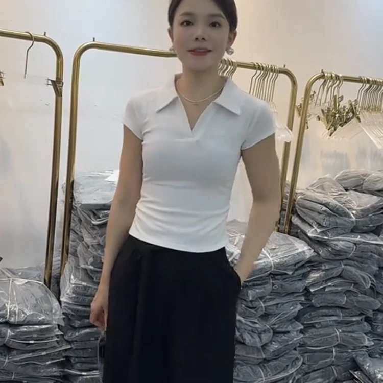 夏季设计感小众抽褶收腰辣妹修身正肩上衣polo领短袖t恤女正肩装