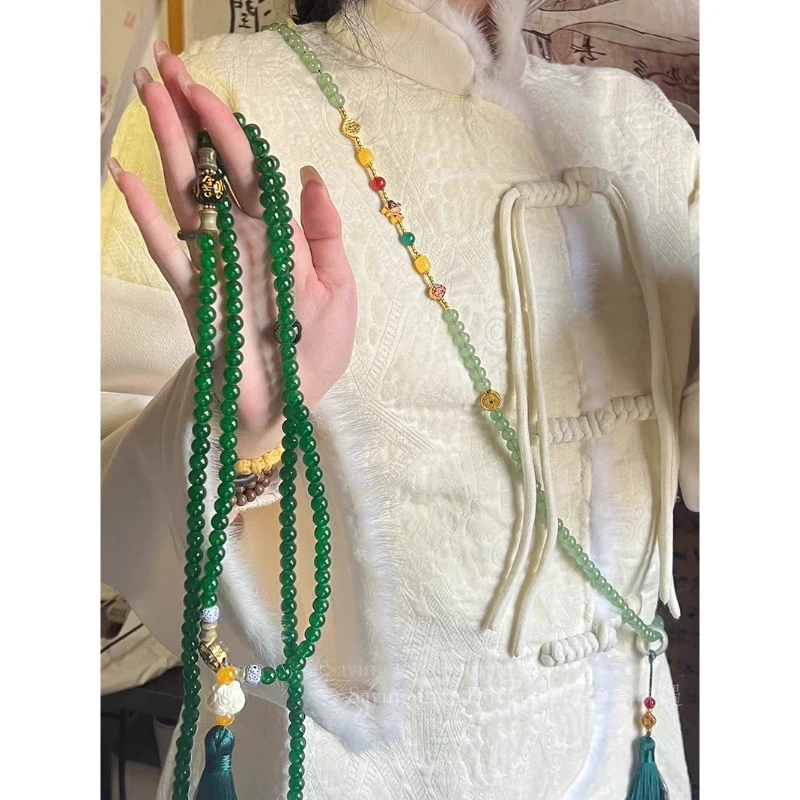 铜合金玻璃项链 国风长款流苏项链新中式复古斜挎链叠戴毛衣链
