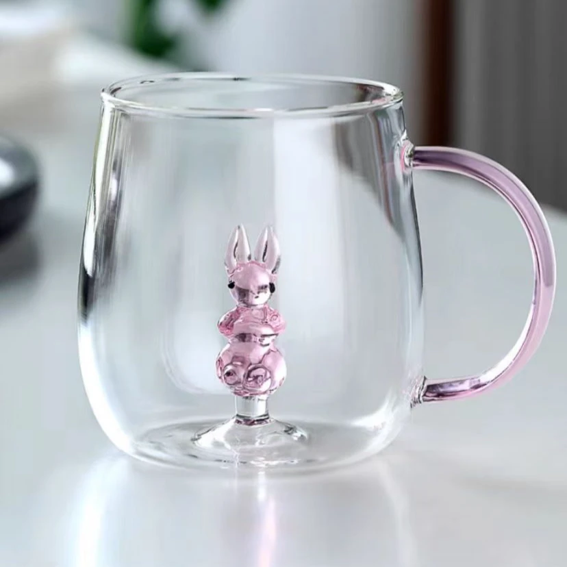 于舒立体兔子喝水杯子带把手果汁高颜值玻璃水杯礼物 6487