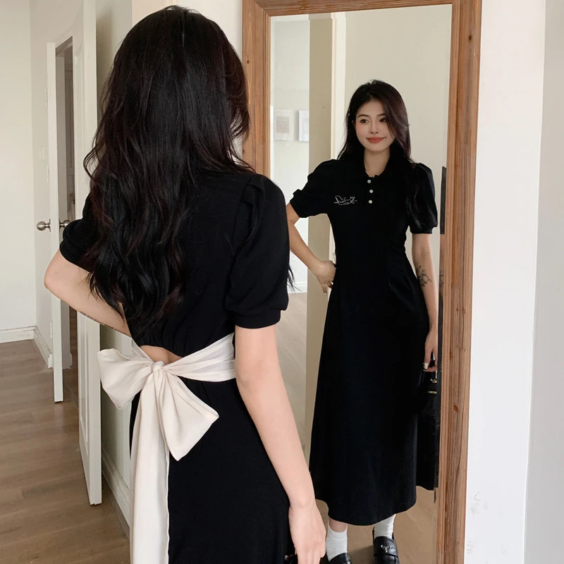 夏季胖MM大码女装2025新款显瘦微胖翻领针织后背蝴蝶结长款连衣裙