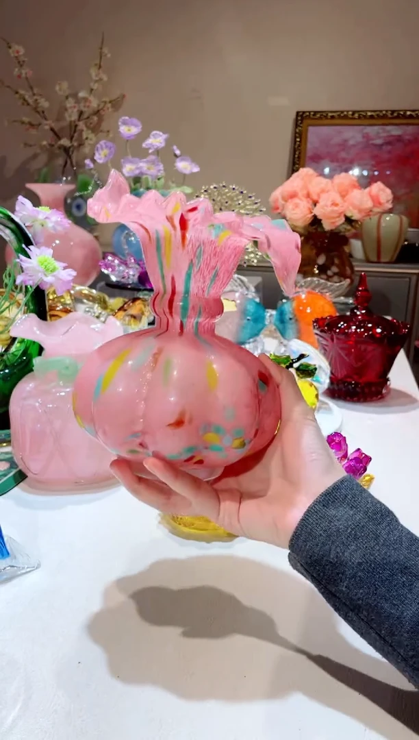 【闪购商品】琉璃手工艺品粉色彩绘叶子芬顿花瓶   微瑕