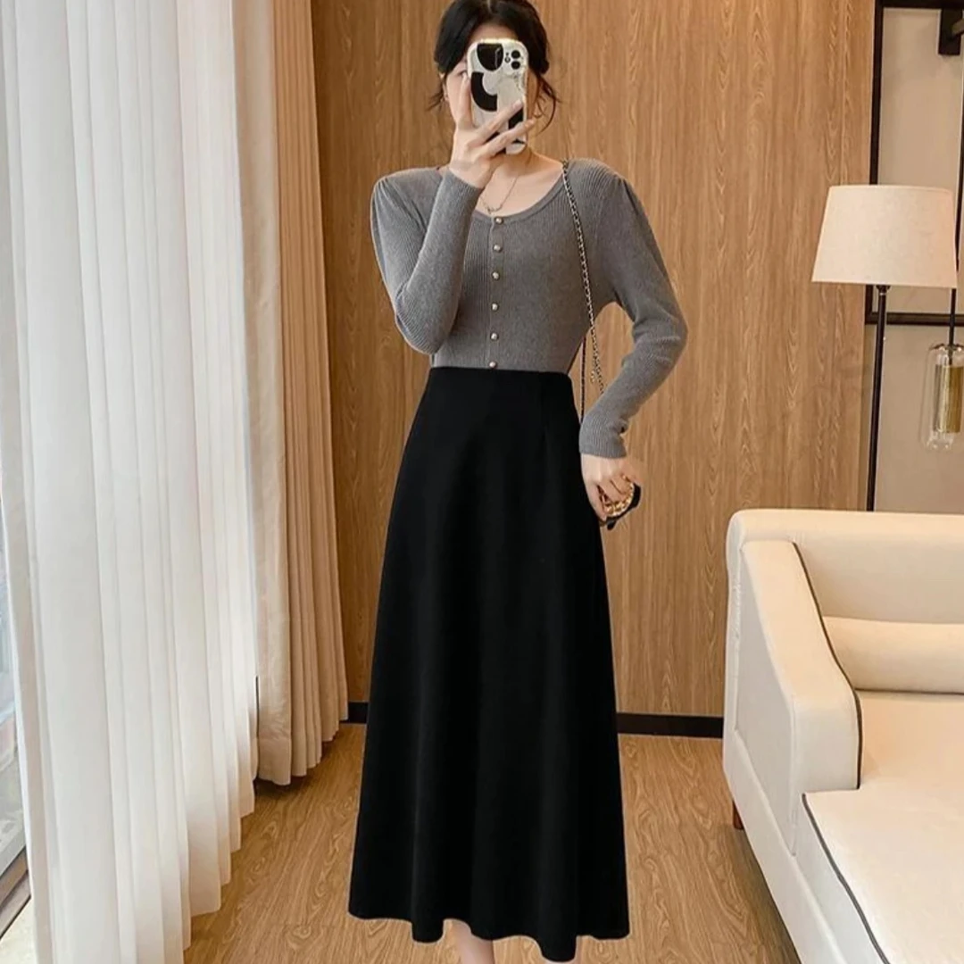 高腰A字半身裙加厚气质过膝秋冬高腰打底韩版裙子开叉WK7333