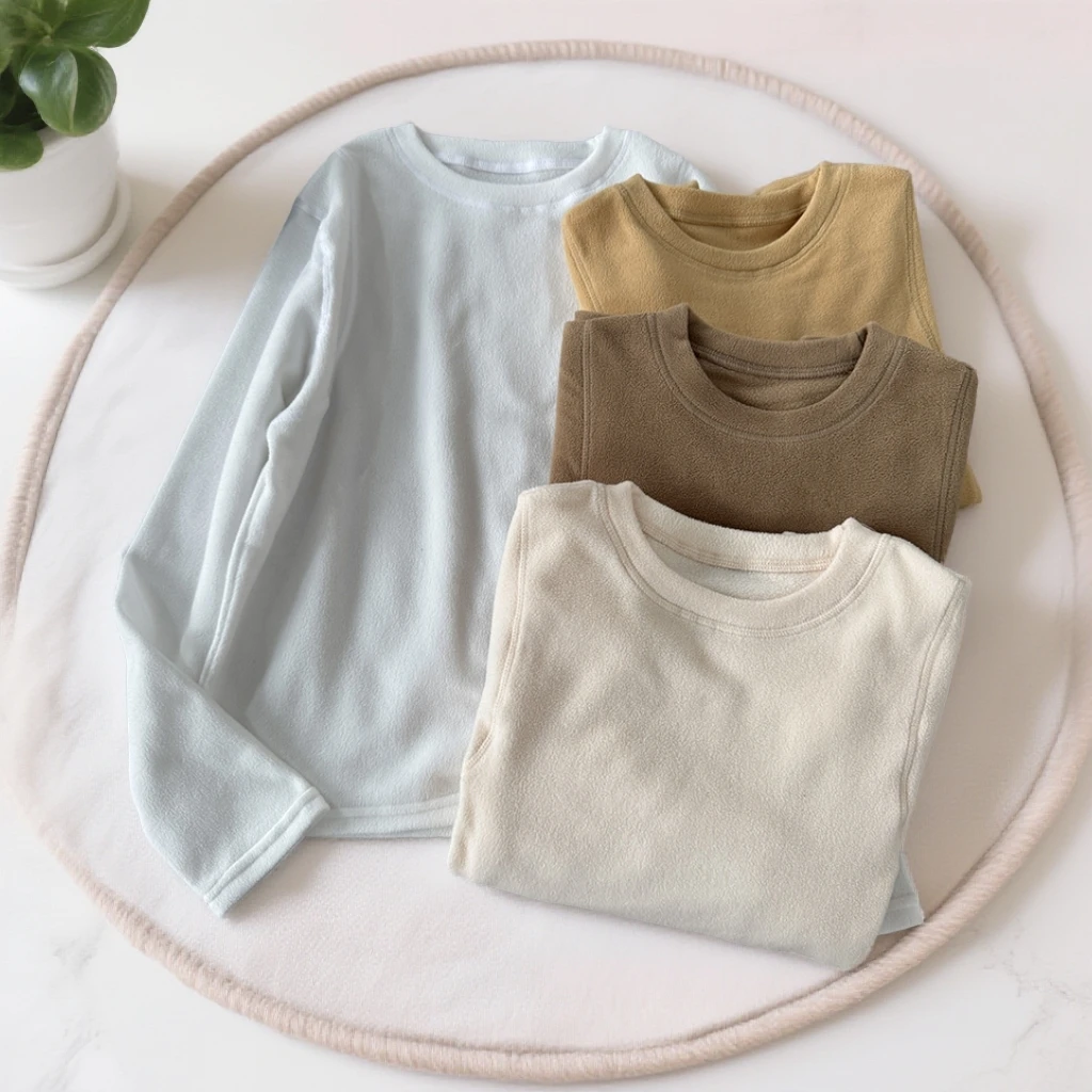 T607  秋冬新款纯色女士休闲百搭圆领长袖T恤摇粒绒打底衫