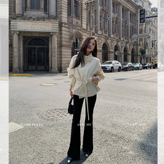 LOSA ROSA短款风衣女白色立领春秋收腰宽松英伦风廓形外套F517