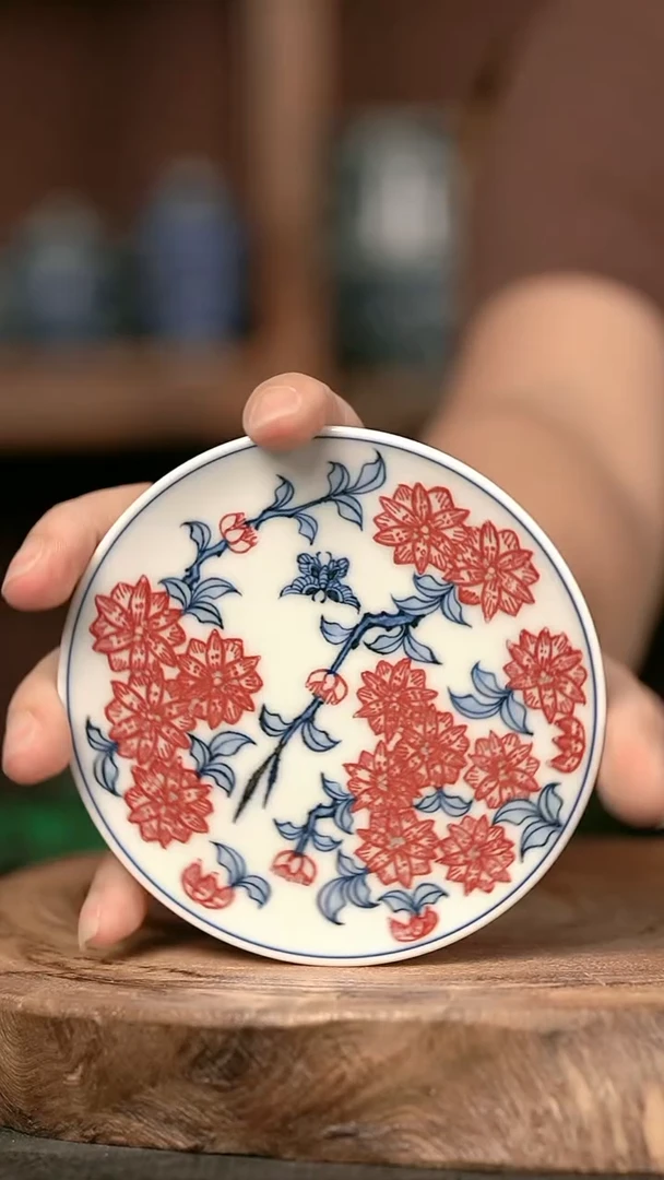 手绘手绘手绘高温现代瓷   气  点工桃花杯垫9cm