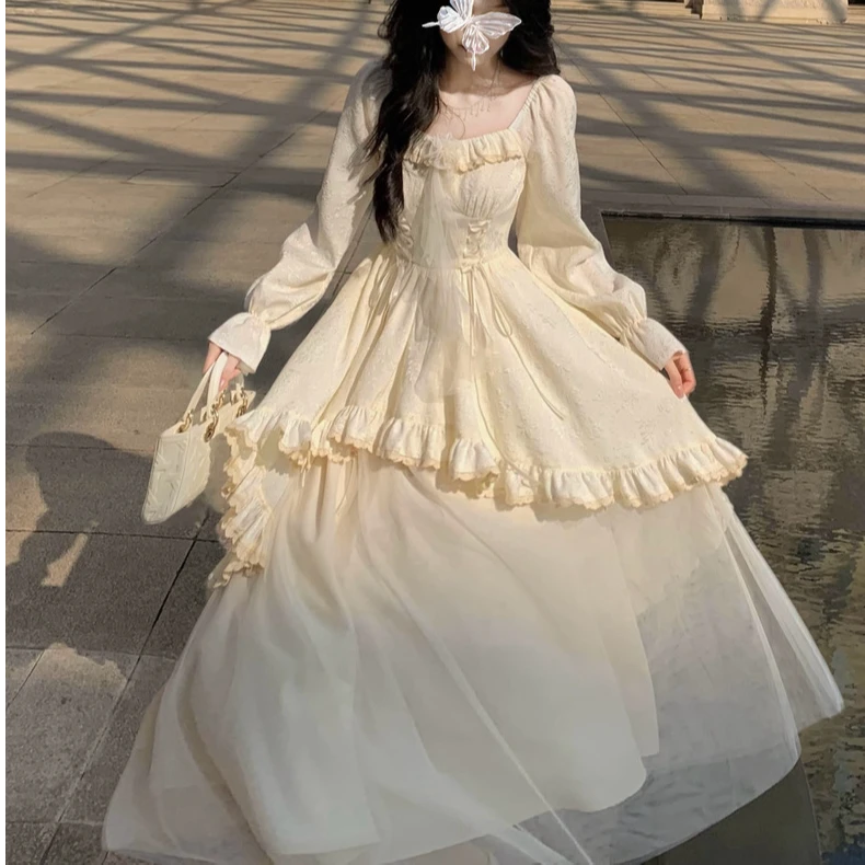 6916 大码水彩白栀气质仙女裙系带提花网纱拼接不规则大摆连衣裙