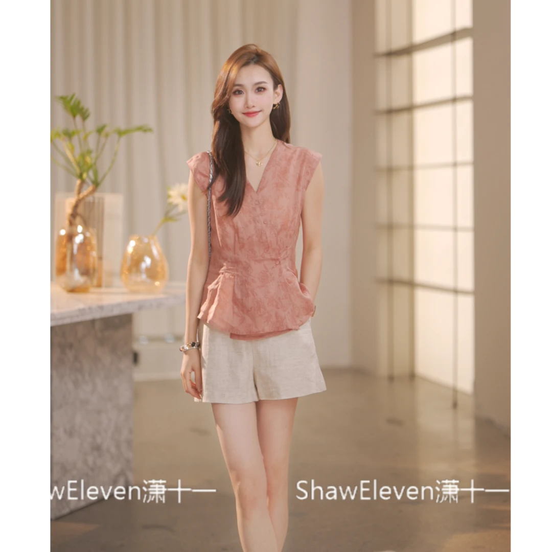 【Shaw Eleven】2025夏法式V领斜门襟设计印花无袖上衣55202