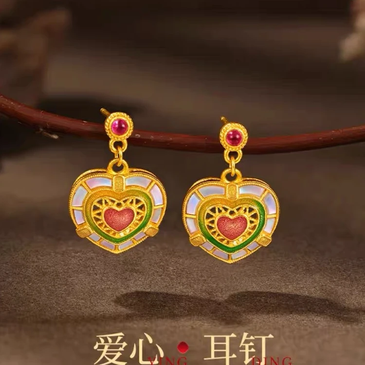【晓韵专享】足金999 古法珐琅螺钿爱心新中式新年耳钉 HJE168