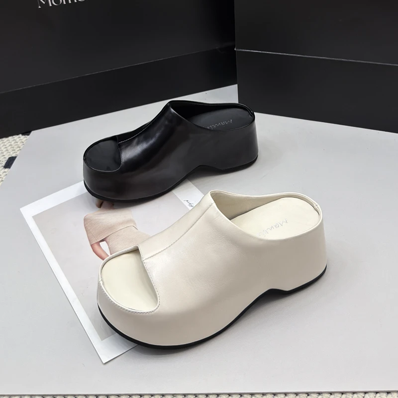 9961-1一字拖凉鞋女厚底增高夏新款真皮外穿坡跟时尚松糕拖鞋