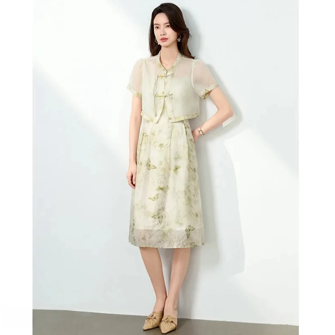 T023套裙短袖碎花显瘦气质时尚夏季粉色印花