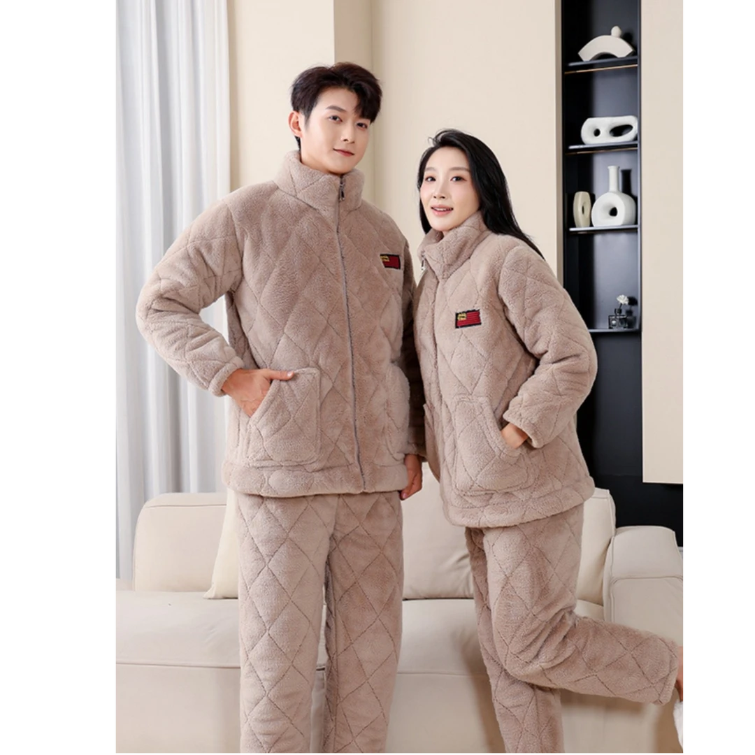 宾西比亚冬季新款三层加厚米粒绒男女士夹棉高领拉链保暖情侣睡衣