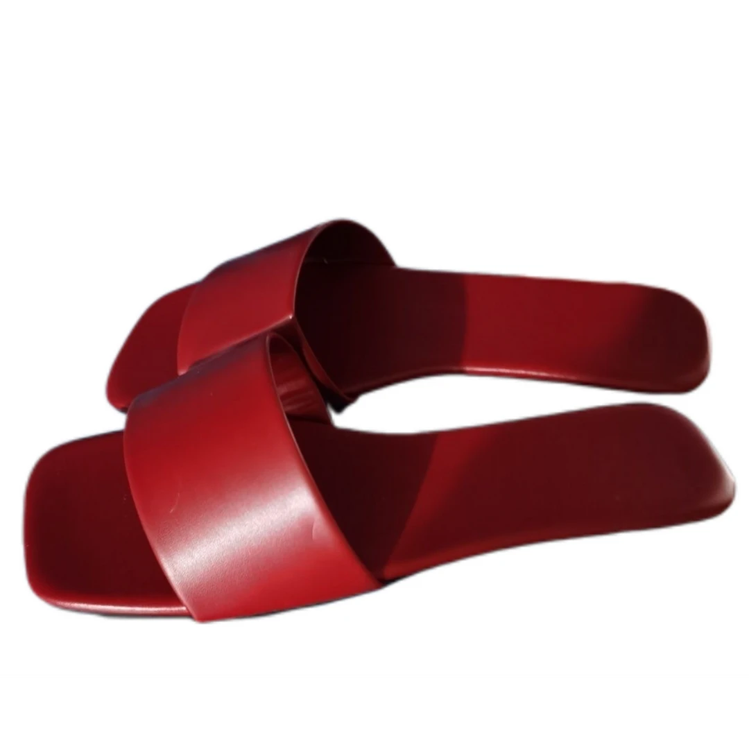 夏季舒适方头软底红色羊皮防滑拖鞋居家凉拖鞋平底外穿时尚情侣