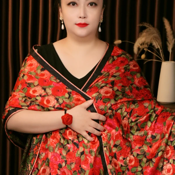 丝巾围巾披肩双面双色百搭旗袍夏日玫瑰龟裂纹180*70长巾18070