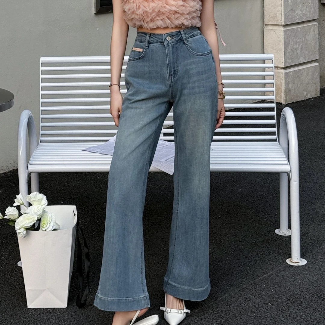 春秋款夏季直筒小微喇牛仔女裤中高腰A509复古牛仔裤百搭女款裤子
