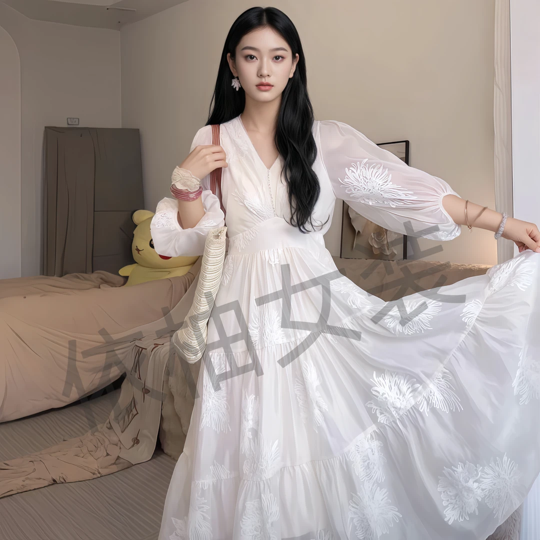 【夏季亏本清仓2025夏季新款V领泡泡袖连衣裙女装初恋高级感长裙子