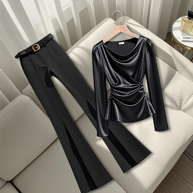 早秋季轻熟风黑色系薄款褶皱衬衫高腰微喇阔腿裤休闲百搭两件套女