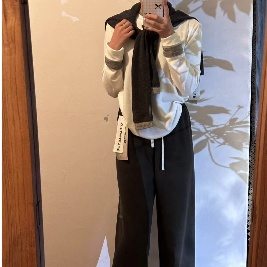 拼接圆领磨毛长袖卫衣