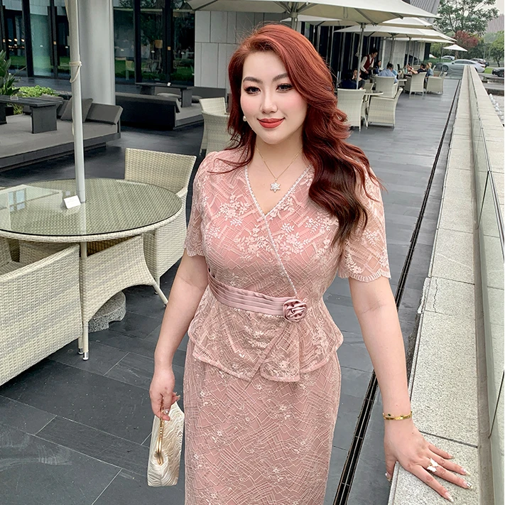 GLEC大码女装2025年夏季新款轻国风复古蕾丝提花钉珠假两件连衣裙