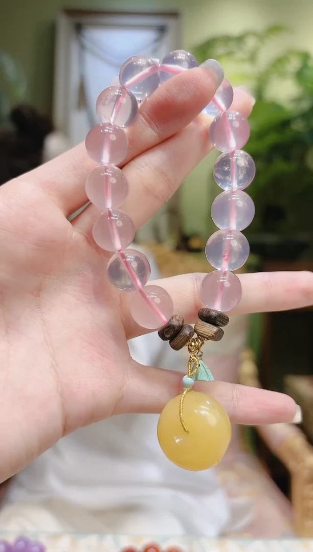 【闪购商品】水晶项链18K金镶嵌蜜蜡平安扣提溜粉水晶手串