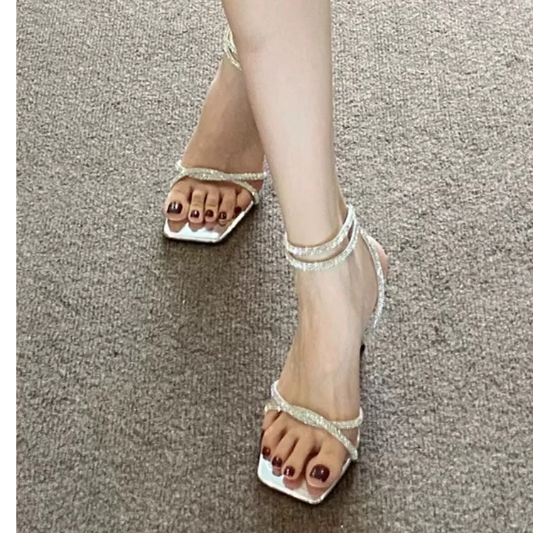 交叉绑带高跟鞋女2025年夏天新款水钻一字带露趾细跟性感罗马凉鞋