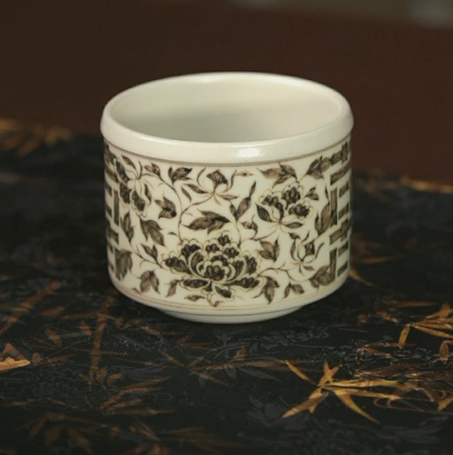 细雨幽兰缠枝莲直口杯景德镇茶具家用饮茶主人杯中式