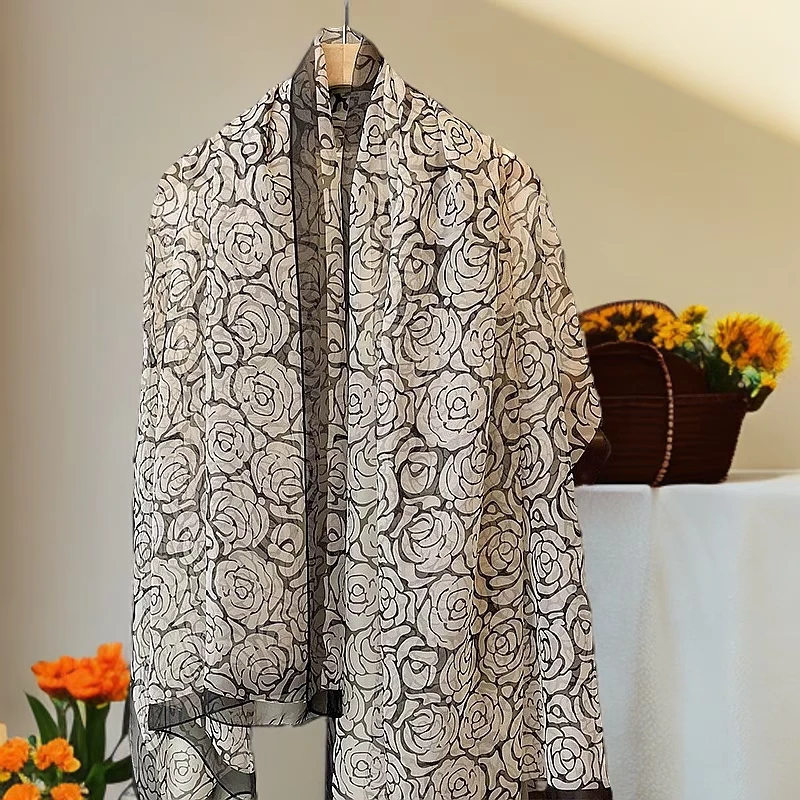 品牌100%桑蚕丝180*65cm玫瑰花薄款时尚春秋时尚百搭女士真丝丝巾