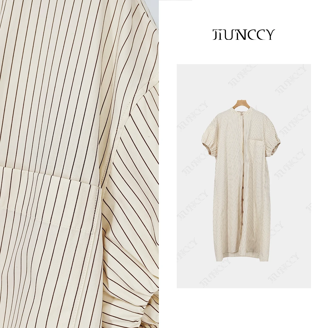 JIUNCCY【疏影】条纹花苞袖高级感气质简约休闲衬衫连衣裙 24LYQ011