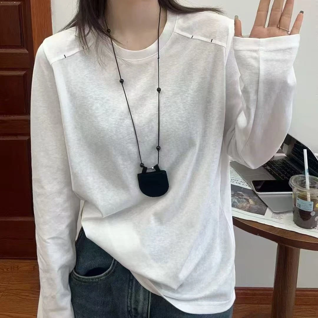 7857#6657#时尚休闲宽松显瘦圆领简约百搭小个子雪花棉T恤衫女