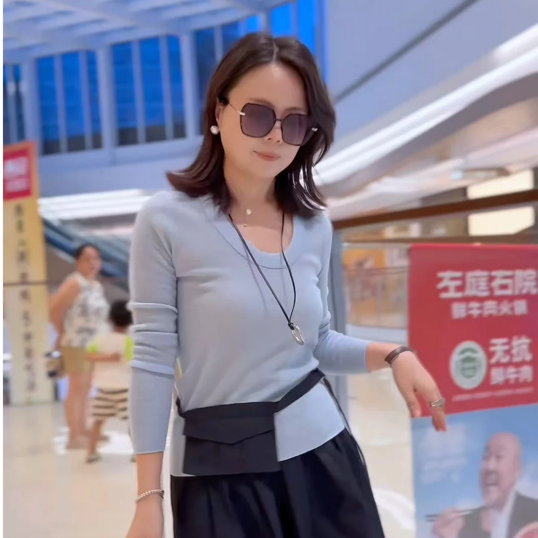 韩系秋季新款U领薄款长袖套头全羊毛针织打底衫显瘦纯琥珀流光风