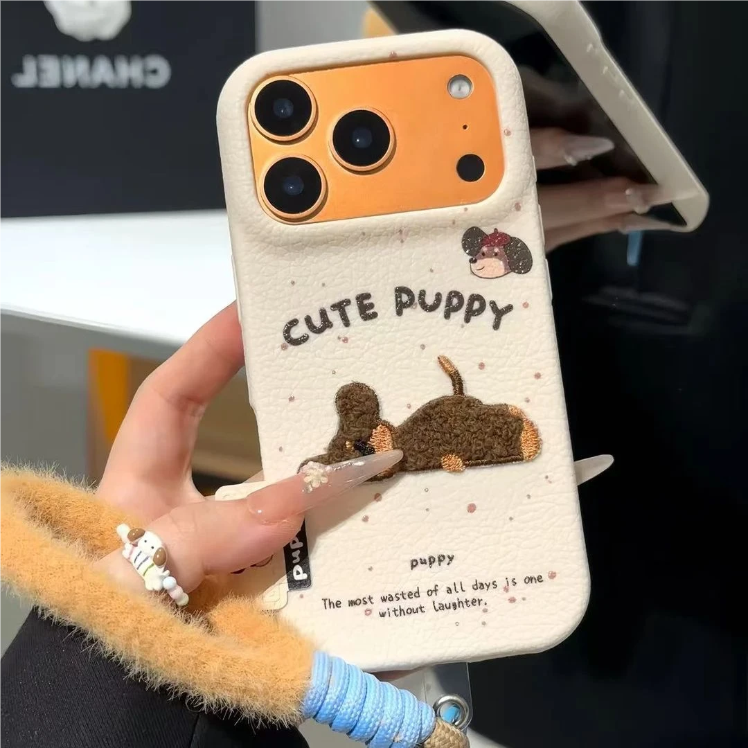 肤感皮纹适用苹果17简约小米17/15腊肠狗挂绳壳华为Pura80/Mate70