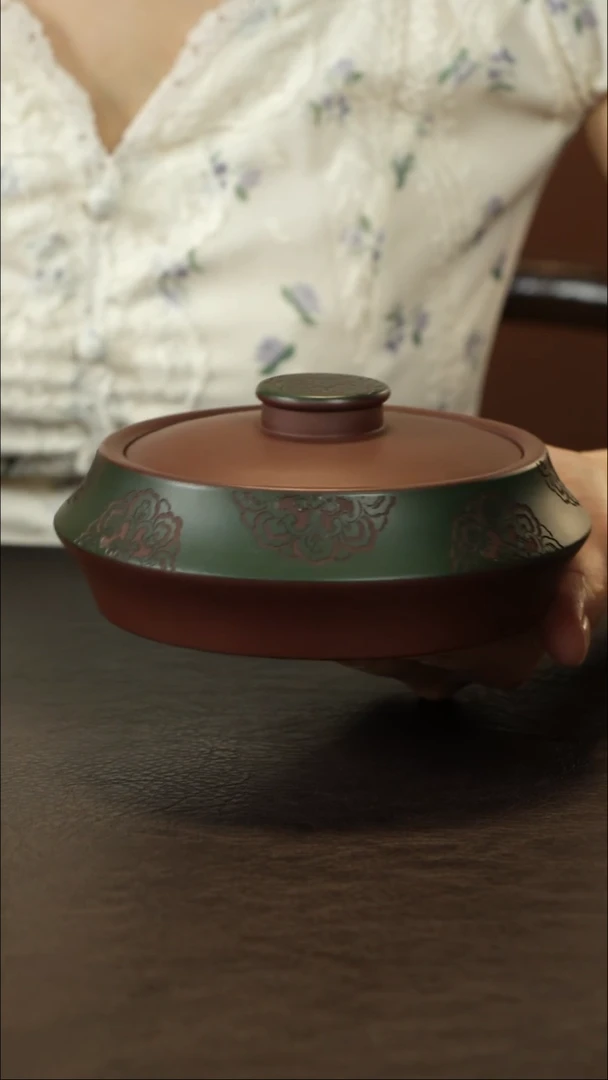 紫砂茶叶罐直播福利粉浆刻绘虚扁罐