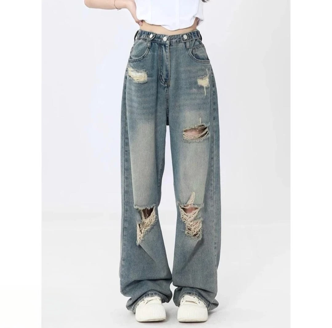 梨形身材破洞牛仔裤女春季新款宽松直筒裤大码胖mm显瘦高腰阔腿裤