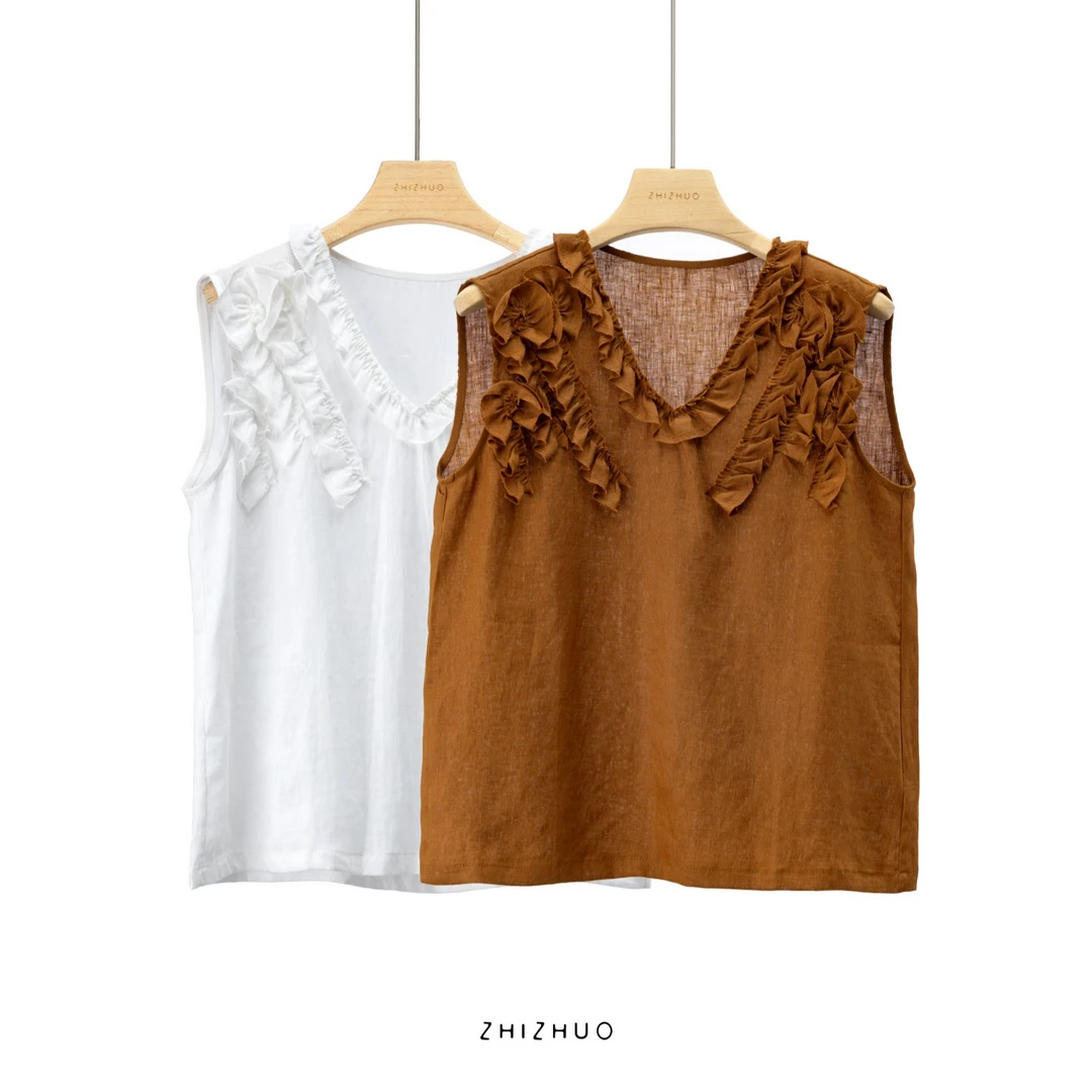 ZHIZHUO/山花灿烂 法式精致V领木耳边宽松减龄无袖背心