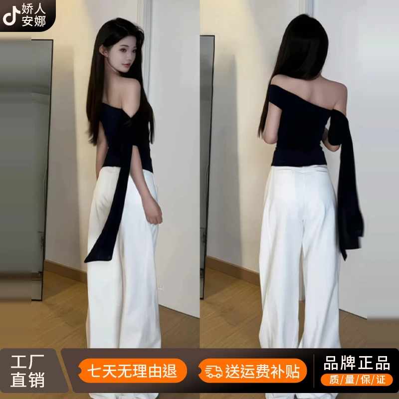 黑色短袖t恤女夏季2026新款爆款辣妹韩系修身露肩上衣设计感小众