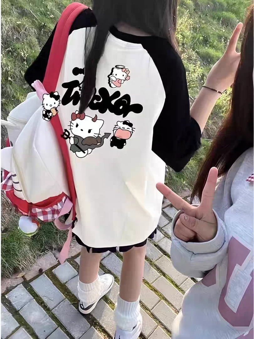 美式插肩字母Kt猫印花短袖t恤女夏大童初中高中学生宽松半袖上衣