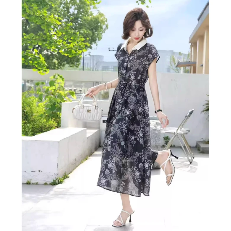 【HL19】夏装2025新品女时尚印花品质感气质收腰连衣裙上衣女