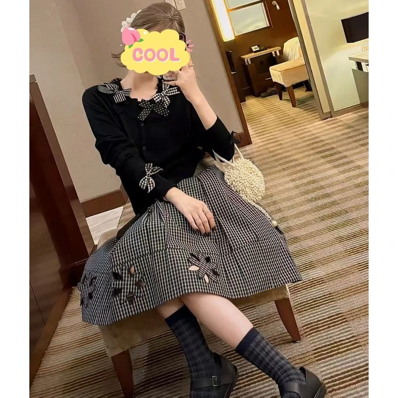 大码可爱蝴蝶结针织上衣格纹抽绳花朵刺绣百褶裙套装2091#