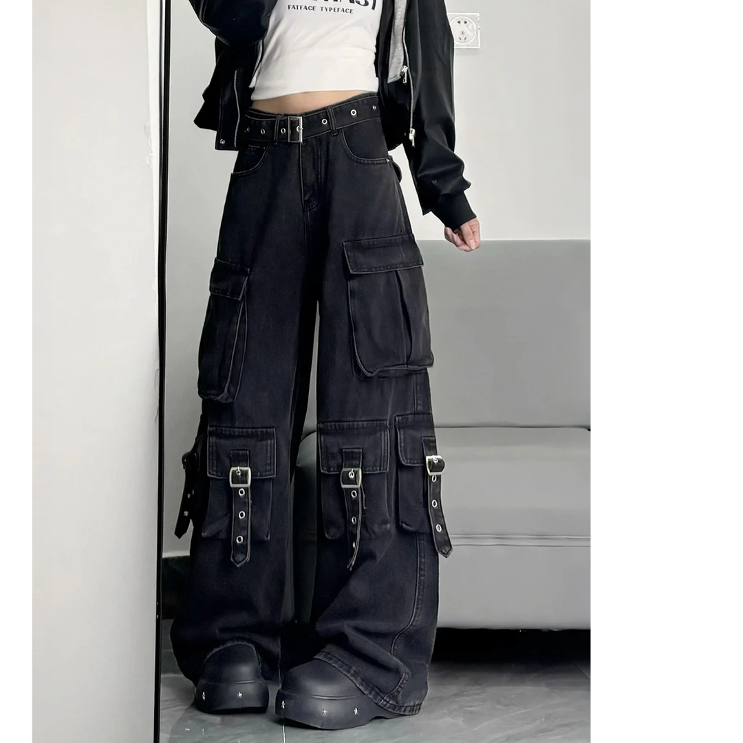 300斤大码胖mm美式阔腿工装牛仔裤女秋季苹果型身材显瘦直筒裤子