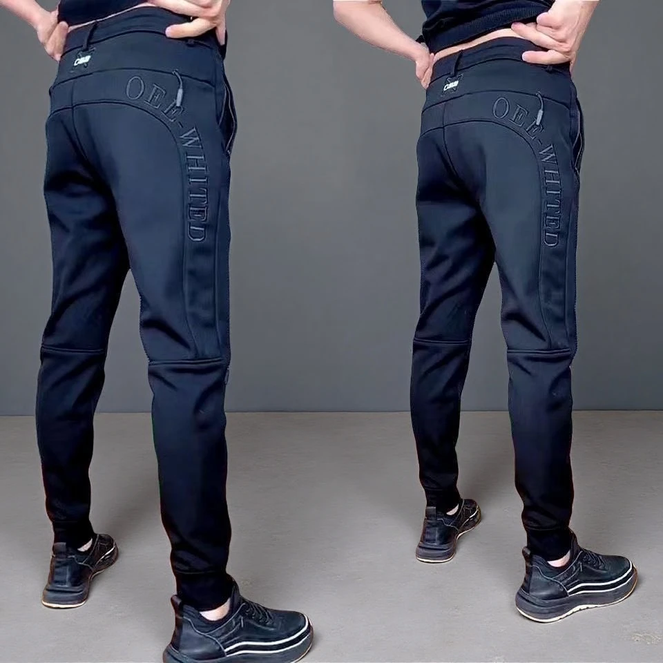 秋冬季加绒加厚男士刺绣休闲裤字母松紧腰拉链兜运动裤修身长裤子