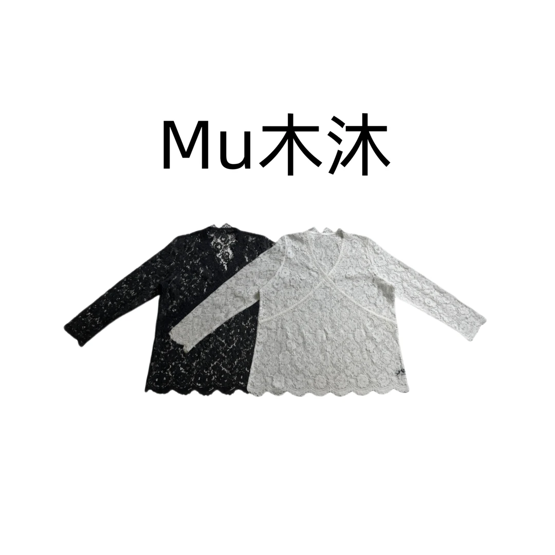 Mu木沐♠新品毛边镂空蕾丝打底T恤