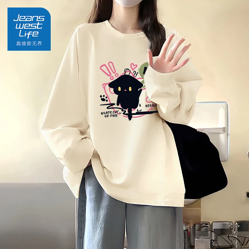 真维斯无界时尚洋气字母印花长袖女春秋新款纯棉宽松休闲百搭上衣
