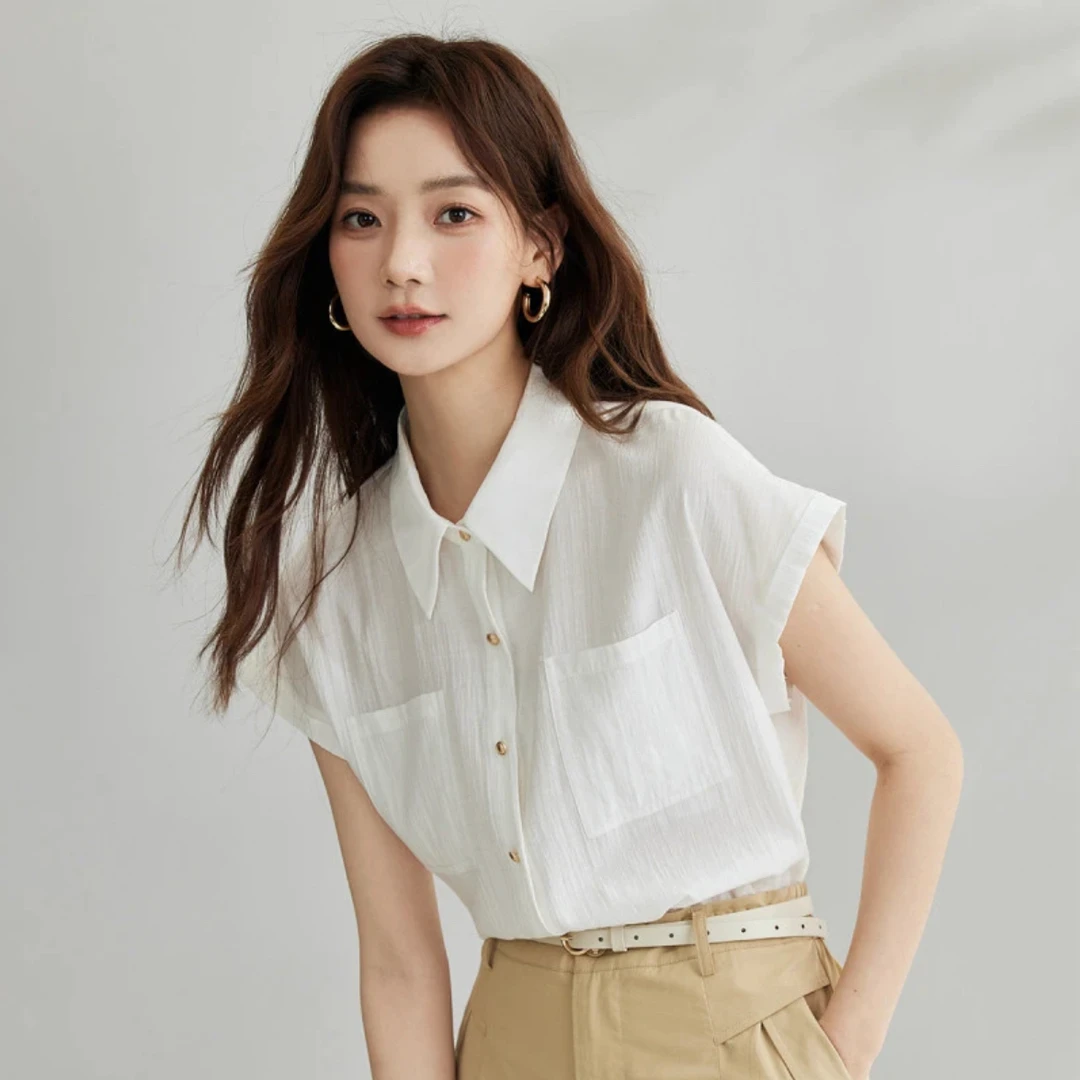 【气质女装】2025夏季时尚通勤气质小飞袖百搭夏日穿搭衬衫女-9017