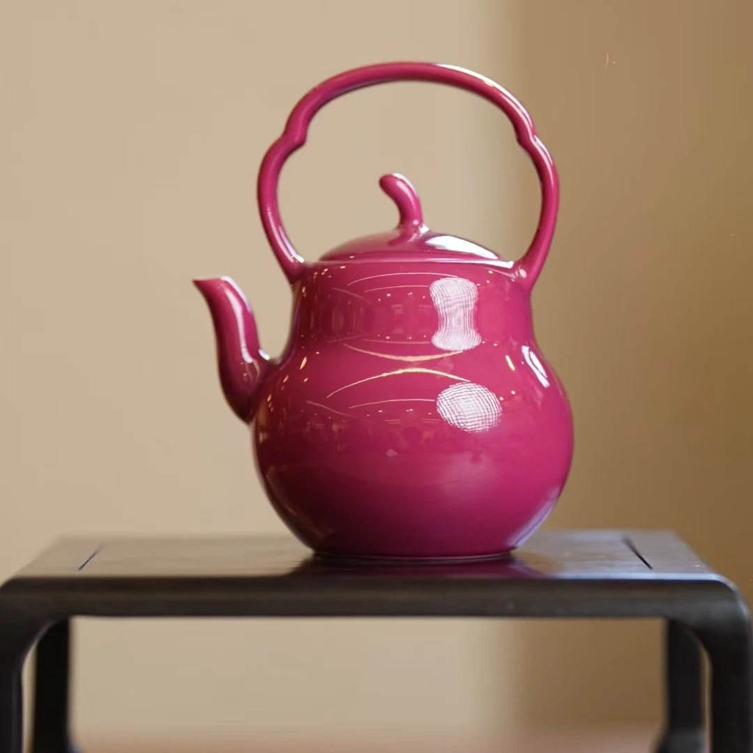 溢珍堂丨胭脂红提梁壶1 110ML 景德镇纯手工茶壶茶具QP