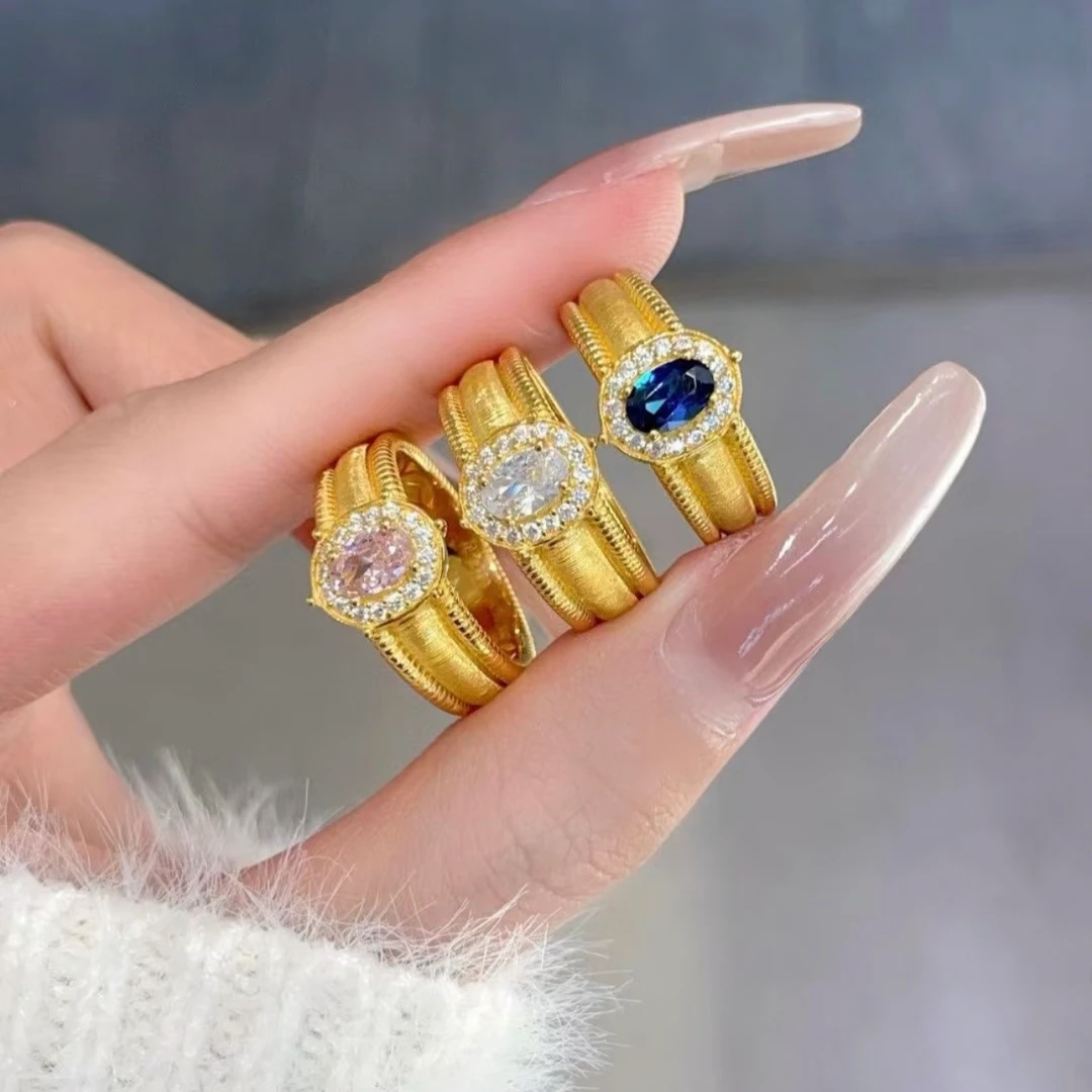 铜合金合成锆石戒指 拉丝鸽子蛋边珠戒指重工高级感轻奢精致指环